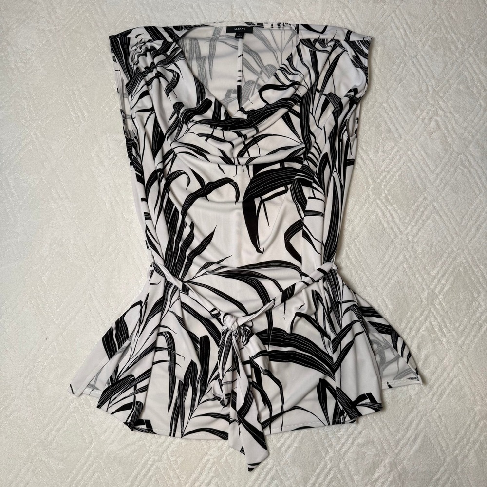 Modernist Tropical Alfani Tunic Top XL Black White Cowl Neck Belted